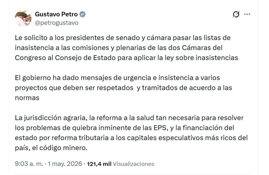 Petro insistió en que varias reformas requieren trámite urgente, entre ellas la de salud, la tributaria y la jurisdicción agraria - crédito @petrogustavo/X