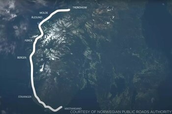 Actualmente se necesitan 21 horas para cubrir el tramo de 680 millas entre Kristiansand y Trondheim (Administración de Carreteras Públicas de Noruega)