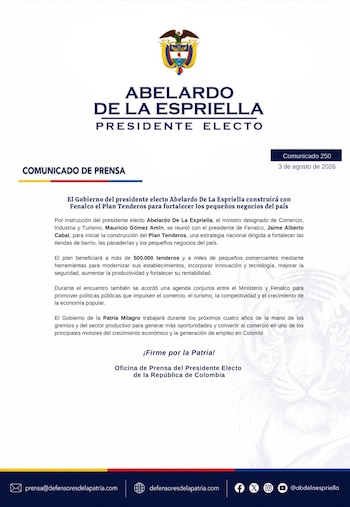El Gobierno electo informó que la construcción del Plan Tenderos comenzará con una agenda de trabajo liderada por el Ministerio de Comercio y el sector comercial. - crédito @defensoresco/X
