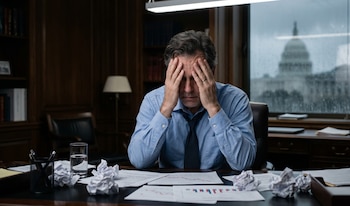 Hombre con camisa azul y corbata se cubre el rostro con las manos en un escritorio lleno de papeles y gráficos. El Capitolio de EE. UU. se ve por la ventana