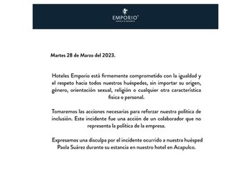 Comunicado de "Hotel Emporio Acapulco"