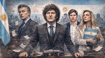 Ilustración de Javier Milei en primer plano, flanqueado por Mauricio Macri, Karina Milei (con 'Reforma Política') y Axel Kicillof. Fondo: bandera argentina y siluetas.