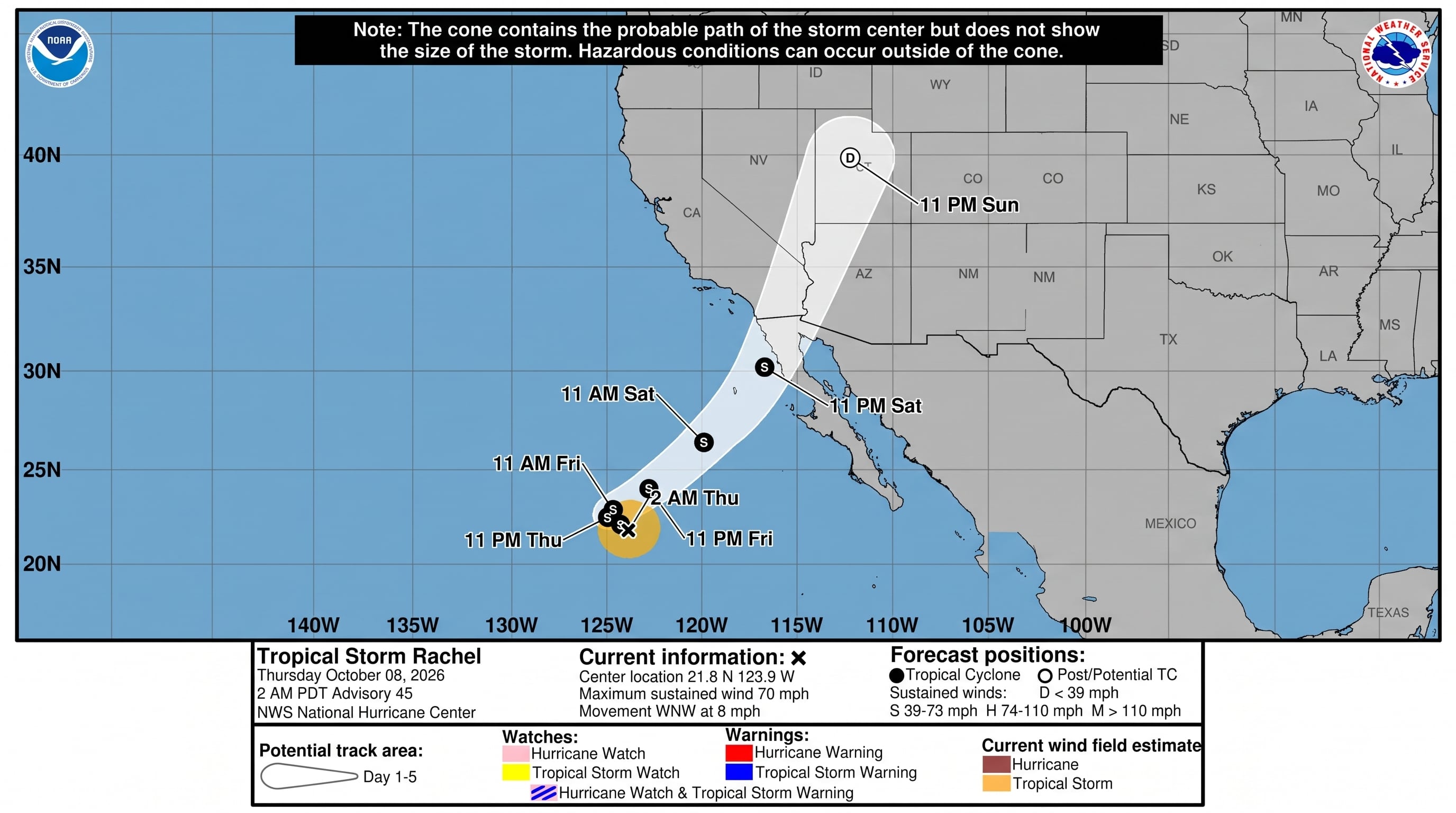 La tormenta tropical Rachel avanza por el Pacífico oriental e impulsa humedad hacia California, Arizona y Nevada. (NHC)