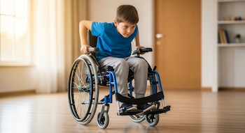 Niño caucásico con camiseta azul y pantalones grises se inclina hacia adelante, manos en los reposabrazos de su silla de ruedas azul, sobre un suelo de madera.
