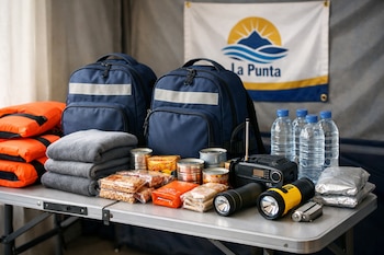 Dos mochilas, frazadas, alimentos, radio, linternas, botellas de agua y chalecos salvavidas sobre una mesa; bandera de La Punta en el fondo.
