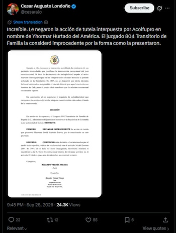 El comunicador informó sobre lo ocurrido con el defensor del América de Cali, y la tutela que Acolfutpro interpuso por el jugador ante la Rama Judicial de Colombia-crédito @cesaralo/X