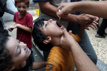 Un niño palestino es vacunado contra la polio en Deir Al-Balah, en el centro de la Franja de Gaza (REUTERS/Ramadan Abed)