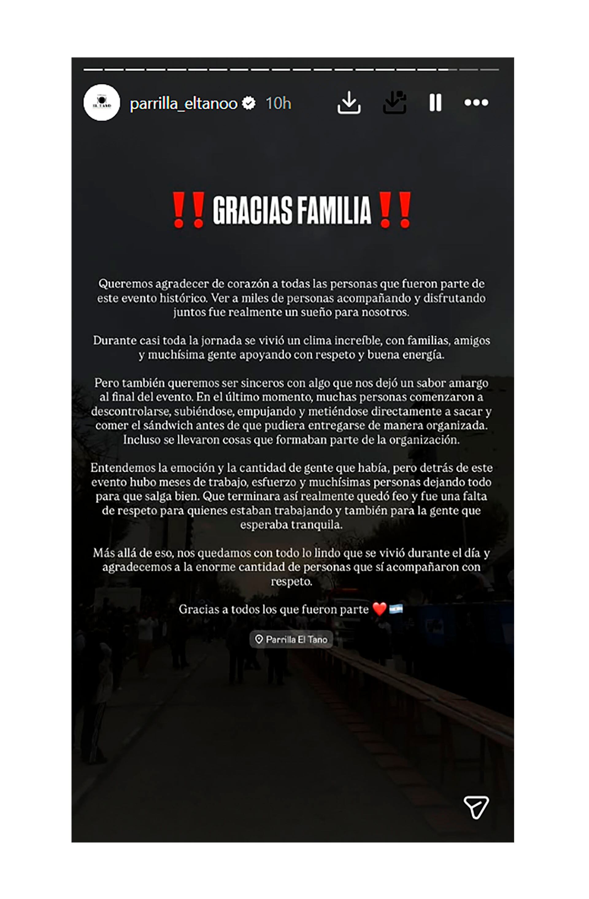 El comunicado de la parrilla El Tano tras el evento.