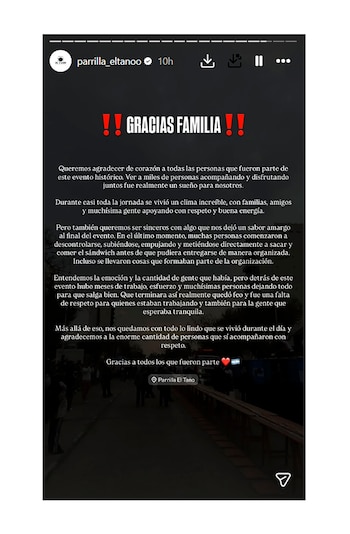 Captura de pantalla de una publicación de Instagram de @parrilla_eltanoo con texto en blanco sobre fondo oscuro que describe un evento y el descontrol por un sándwich