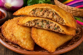 Pescadillas doradas y fritas, dos de ellas abiertas por la mitad mostrando el relleno de pescado, sobre un plato de barro.