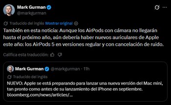 AirPods 5 llegarían en setiembre junto al iPhone 18 Pro, según Mark Gurman.