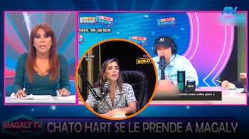 Pantalla de programa de televisión con Magaly Medina a la izquierda, Mario Hart a la derecha y Korina Rivadeneira en un círculo central. Logotipos y texto en pantalla.