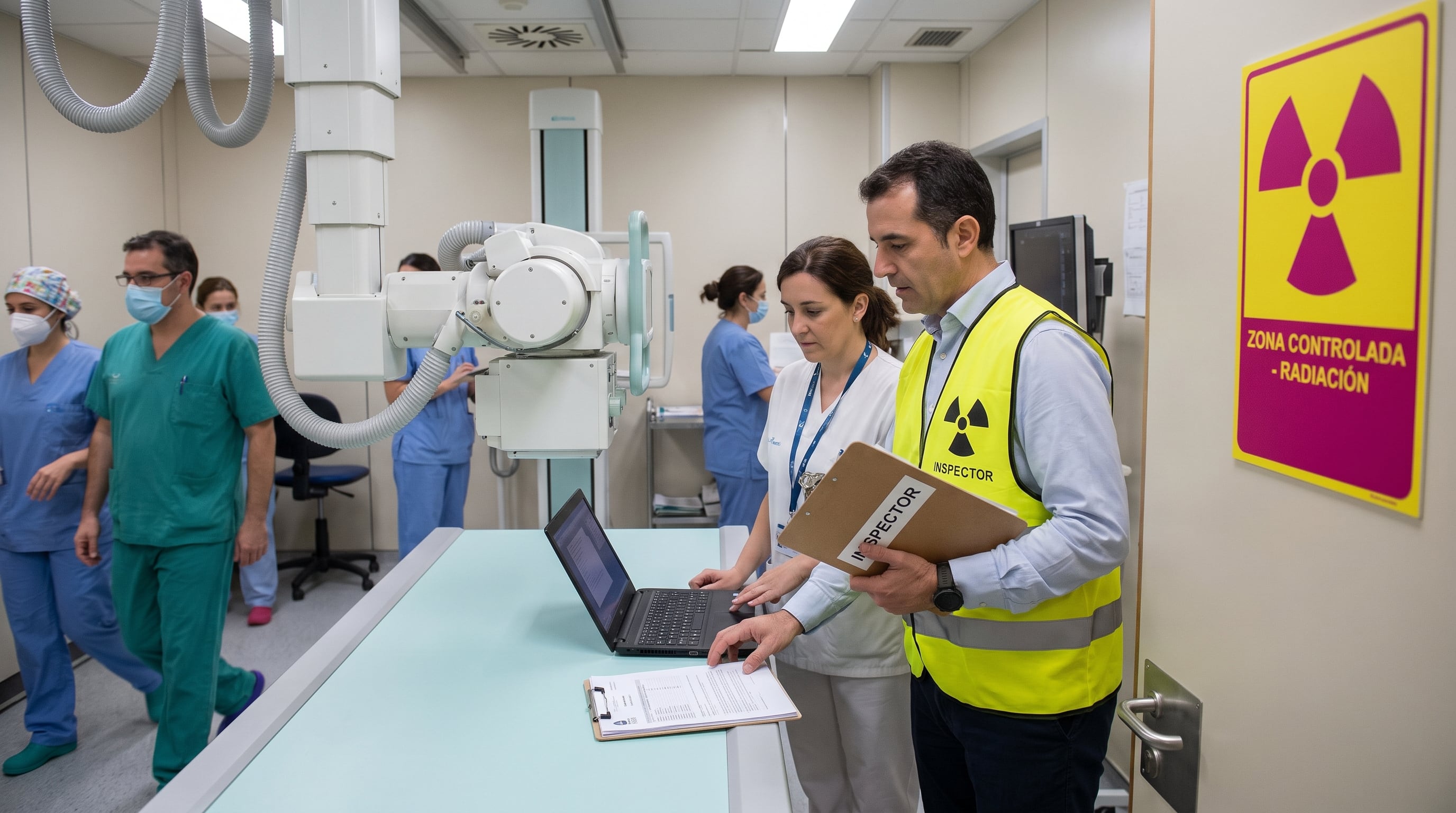 Un inspector y una profesional de la salud revisan documentos y un equipo de Rayos X, reflejando el control de calidad anual implementado por el IPEN en Perú. (Imagen Ilustrativa Infobae)