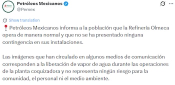 Pemex informó que la Refinería Olmeca opera con normalidad y que no hubo fuga de gas.