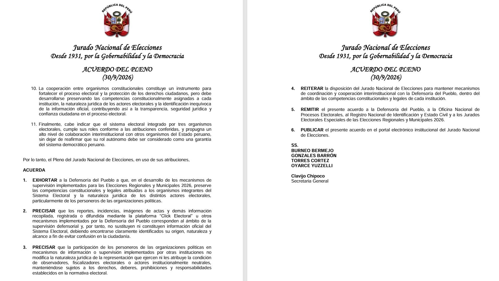 El Jurado Nacional de Elecciones de Perú emite un acuerdo de pleno que establece directrices de cooperación interinstitucional para los comicios subnacionales de 2026.