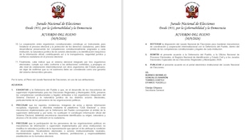 Documento oficial impreso de dos páginas del Jurado Nacional de Elecciones de Perú con el escudo nacional, texto mecanografiado y firmas