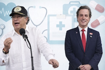 Gustavo Petro en un micrófono, con gorra y camisa blanca, a la izquierda. A la derecha, Juan Manuel Galán sonriente, con traje oscuro y corbata roja. Fondo con iconos de salud.