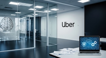 Oficina corporativa moderna con paredes de vidrio y el logo de Uber. Un laptop en primer plano muestra íconos de inteligencia artificial sobre un fondo azul.