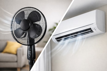 Imagen dividida en diagonal que muestra un ventilador de pie negro con aspas y rejilla, y un aire acondicionado blanco de pared.