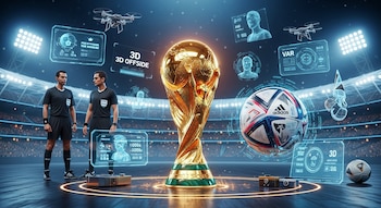 Imagen futurista de la Copa del Mundo dorada en un estadio con árbitros, balón Adidas, drones, hologramas 3D de fuera de juego, avatares y pantallas VAR.