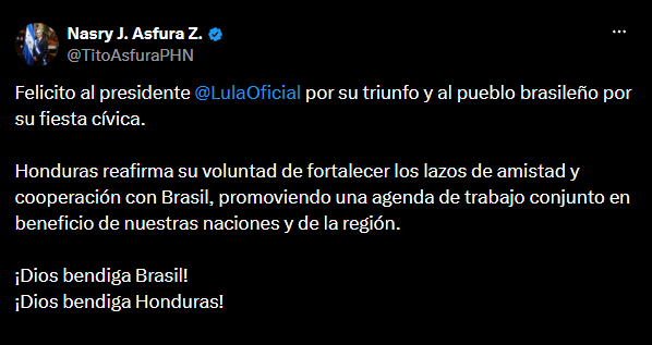 Honduras: Nasry Asfura felicita a Lula Da Silva por su triunfo electoral