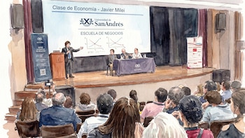 Javier Milei encabeza una clase de economía en una universidad privada
