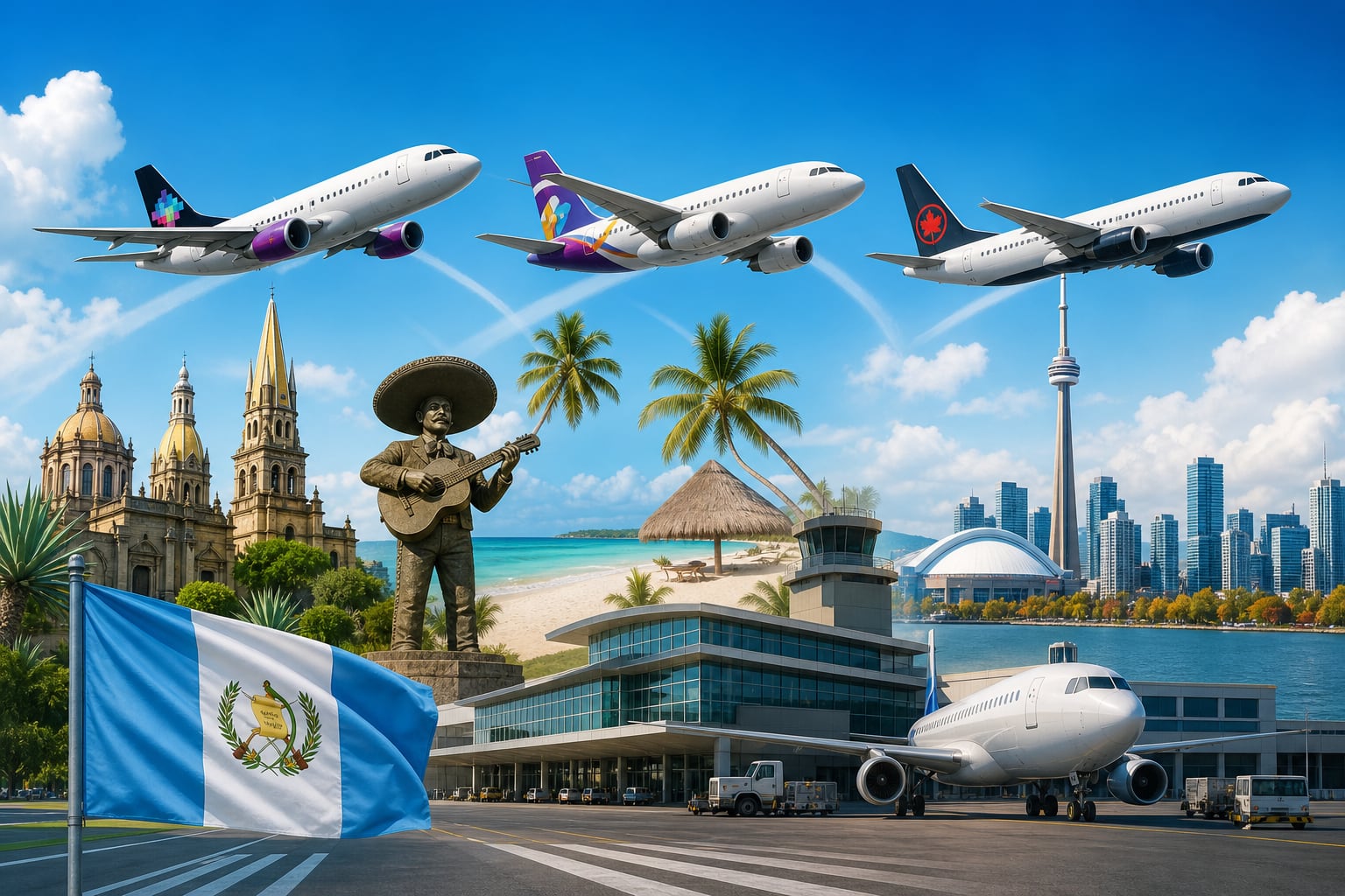 Una composición gráfica ilustra las nuevas rutas aéreas desde el Aeropuerto La Aurora hacia Guadalajara, Punta Cana y Toronto mediante tres aeronaves sobre elementos de cada destino. (Imagen Ilustrativa Infobae)
