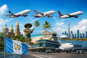 Bandera de Guatemala y aeropuerto frente a una catedral, estatua de mariachi, playa tropical, rascacielos y cuatro aviones comerciales en el cielo.