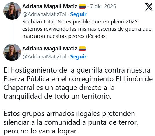 La gobernadora del Tolima condenó el ataque calificándolo como un intento de atemorizar a la comunidad. - crédito @AdrianaMatizTol/X