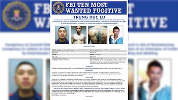 Cartel del FBI con el nombre Trung Duc Lu, cuatro fotografías, descripción física, cargos criminales y recompensa de un millón de dólares