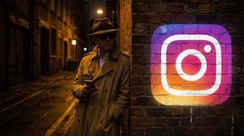 Un hombre con sombrero, gafas de sol y gabardina se apoya en una pared de ladrillos sosteniendo un smartphone, con un gran logo de Instagram iluminado en la pared.