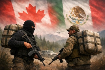 Dos hombres con rifles y grandes bultos a la espalda, uno con pasamontañas, otro con gorra, frente a un paisaje con banderas de Canadá y México, un auto y un helicóptero.
