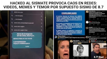 Composición visual de un teléfono mostrando una alerta de hackeo a SISMATE, un comunicado de INDECI y tuits con memes de reacciones de pánico por falso sismo.