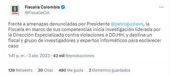 La Fiscalía también designó un grupo especializado para liderar esta investigación.
Twitter (@FiscaliaCol)