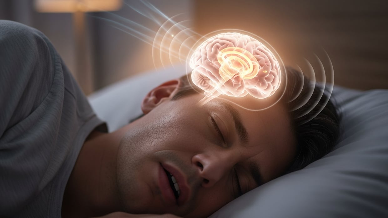 Un hombre duerme profundamente mientras una ilustración digital sobre su cabeza representa la actividad cerebral durante el sueño, resaltando la importancia del descanso para el funcionamiento neurológico y la salud mental. La imagen pone en relieve los procesos internos del cerebro que ocurren durante las diferentes fases del sueño. (Imagen Ilustrativa Infobae)