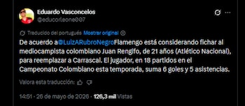 Uno de los periodistas que está al tanto de la información del cuadro de Río de Janeiro, informó sobre la posibilidad de que el juvenil de Atlético Nacional llegue a Brasil -crédito @educorleone007/X