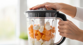 Primer plano de manos de una persona sosteniendo una licuadora llena con trozos de melón naranja y queso crema blanco, con un fondo claro.