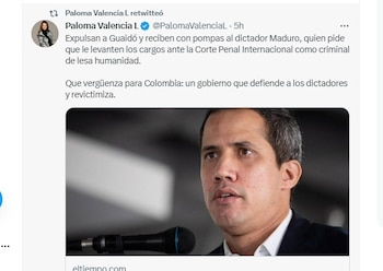 Tuit de Paloma Valencia sobre llegada y salida de Juan Guaidó de Colombia