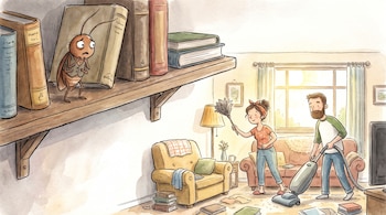 Ilustración de cucaracha con chaleco en estante entre libros, pareja limpia sala: mujer con plumero, hombre con aspiradora. Ventana, sillón, televisión, libros en el suelo.