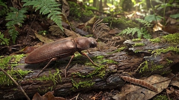 Escarabajo marrón de antenas ramificadas sobre un tronco con musgo. Una larva segmentada de color marrón y hojas secas en el suelo de un bosque.
