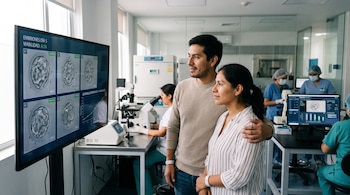 Un hombre y una mujer observan una pantalla con cuatro fotografías microscópicas de embriones en un laboratorio.