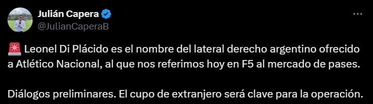 Leonel Di Plácido se acerca al Atlético Nacional, siendo su primera experiencia en Colombia - crédito @JulianCaperaB/X