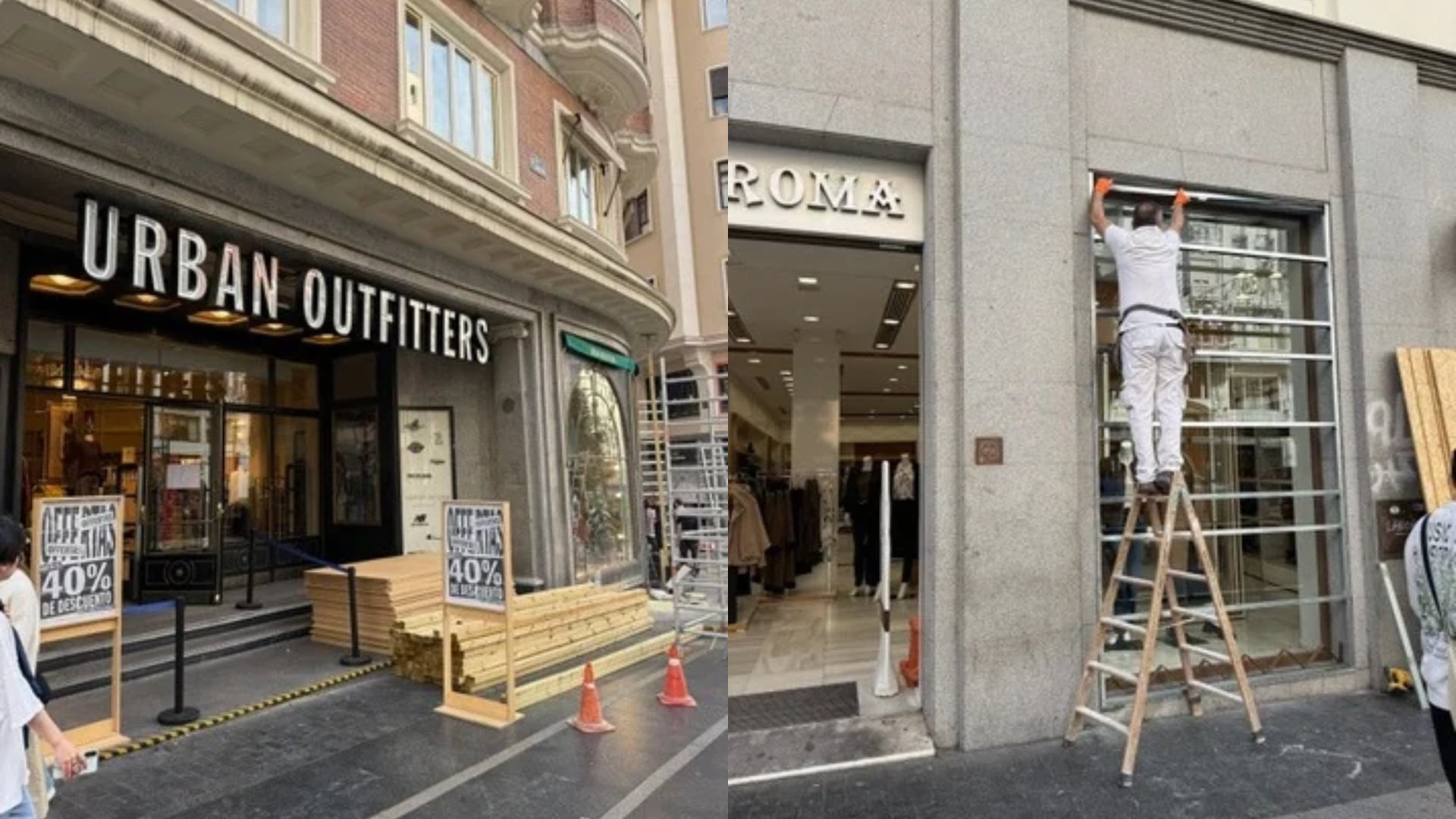 Las tiendas del centro de Madrid blindan sus escaparates con tablones de madera ante el temor a saqueos en Halloween