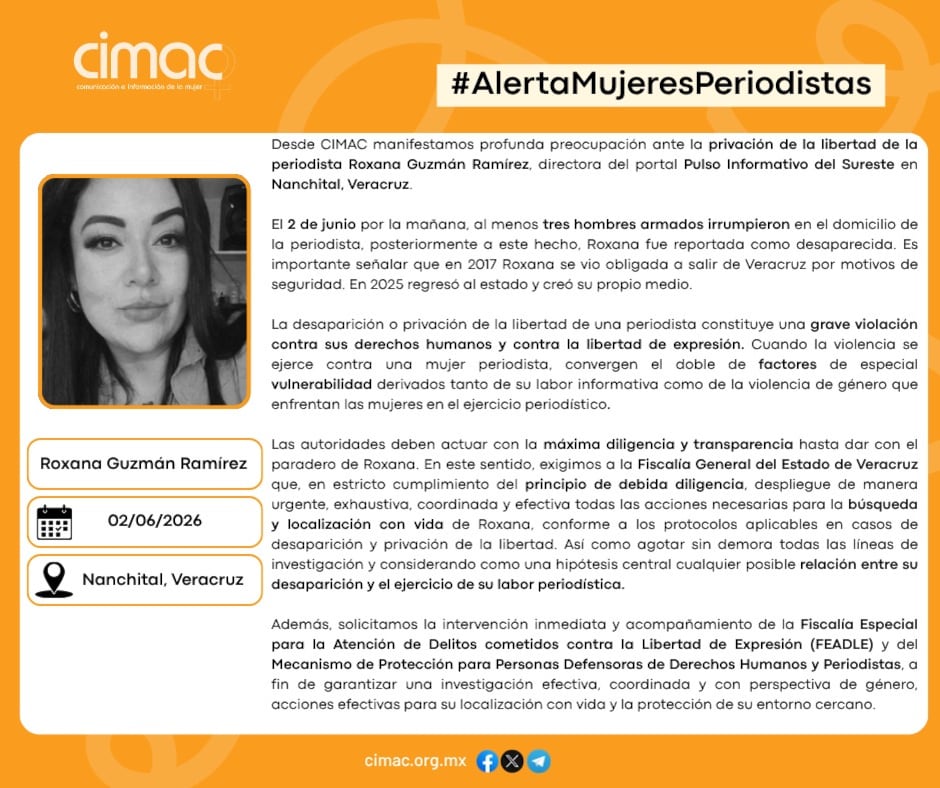 Alerta mujeres periodistas activada tras el secuestro de Roxana. Crédito: CIMAC