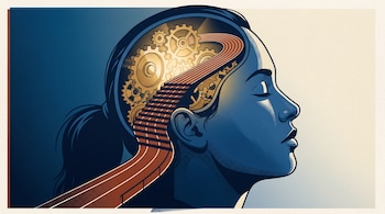 Dibujo de perfil de una mujer con los ojos cerrados cuya cabeza abierta contiene engranajes dorados y una pista de atletismo que asciende.