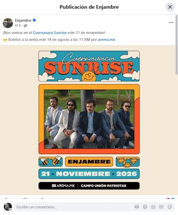Captura de pantalla de publicación en red social. Póster de concierto de la banda Enjambre con cinco hombres, fecha 21 de noviembre de 2026