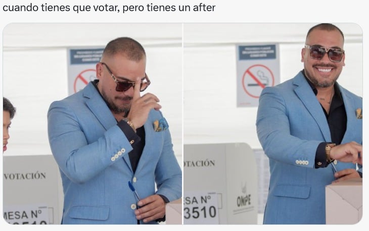 Un hombre en un traje celeste y gafas de sol, retratado en un meme viral, participa en la jornada de votación durante las Elecciones Perú 2026.