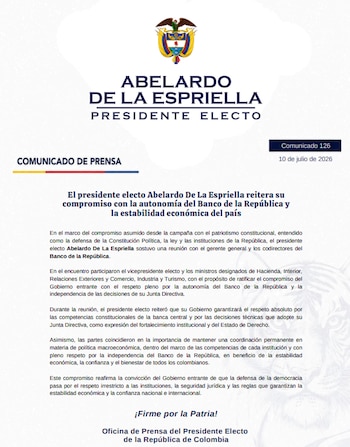 El presidente electo señaló que las decisiones de la Junta Directiva de la banca central se mantendrán como expresión del fortalecimiento institucional y del Estado de Derecho - crédito Prensa Abelardo de la Espriella