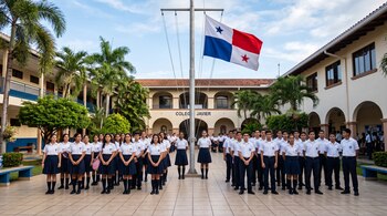 Estudiantes con uniforme escolar posan en el patio central frente a un asta con la bandera de Panamá y la fachada del Colegio Javier.