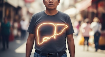 Primer plano de un hombre mestizo con camiseta oscura y jeans, de pie en una calle borrosa, con un contorno brillante de un hígado superpuesto en su pecho.